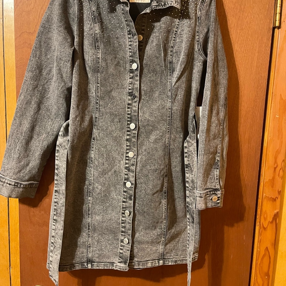 Gray Denim Longline Jacket with Studs